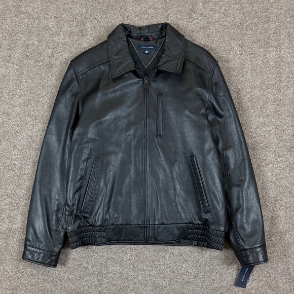 NWT Tommy Hilfiger Black Genuine Leather Bomber Jacket Mens L Full Zip MSRP $450